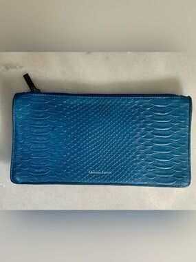 Christian Lacroix Genuine Leather Teal Blue Croc-Embossed Clutch Zip Pouch
